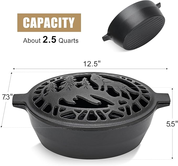 Wood Stove Steamer 2.5 Quart, Wood Stove Humidifier with Decorative Wolf Pattern, Cast Iron Steamer for Wood Stove Rust Resistant Matte Black