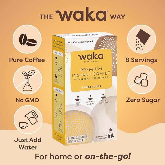 Waka Premium Instant Coffee Sachets — 100% Arabica Freeze Dried Beans — For Hot or Iced Coffee (8 Count, House Roast)