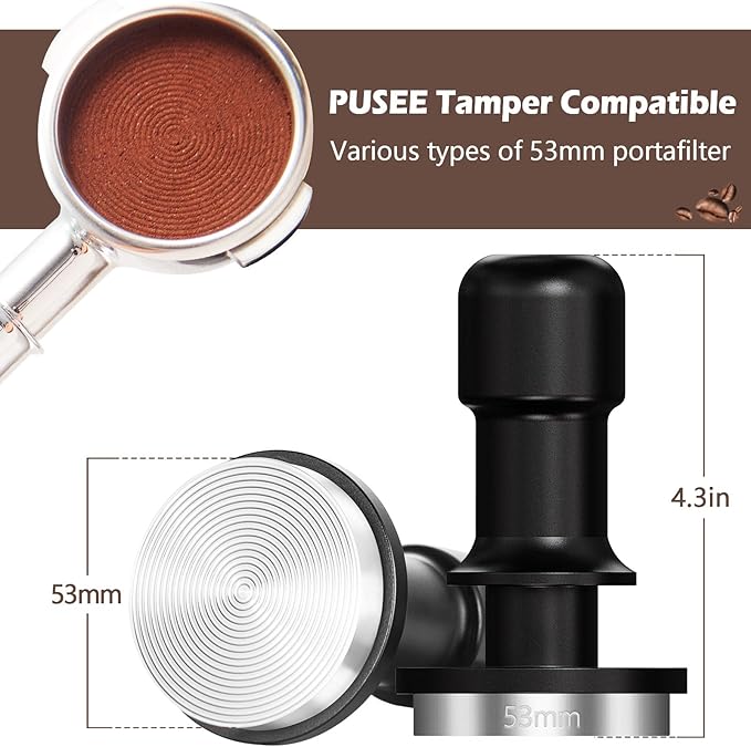 PUSEE 53mm Espresso Tamper, Premium Calibrated 30lb Spring Loaded Stainless Steel Ground Tamper for Barista Home Coffee Accessories Upgrade 3.0
