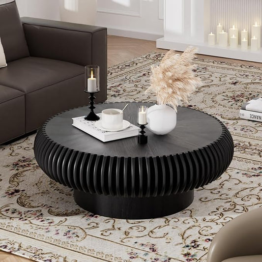 Round Fluted Coffee Table Modern Handcraft Drum Coffee Table with Sturdy Pedestal 31.5" Farmhouse Center Table Tea Table for Living Room, Reception Room, Entertainment Room (Black 31.5 inch)