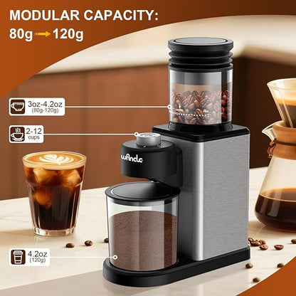 Wancle Conical Burr Electric Coffee Grinder Bean Grinder - 25 Adjustable Grind Settings for Espresso/French Press/Drip, 2-12 Cup Capacity, Low Noise & Anti-static with Powder Blower, Stainless Steel