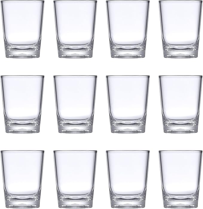 Amazing Abby - Sharon - 2-Ounce Plastic Shot Glasses (Set of 12), Clear Shot Glass Set, Reusable, BPA-Free, Shatter-Proof, Dishwasher-Safe, Perfect for Whiskey, Tequila, Vodka, Espresso, and More