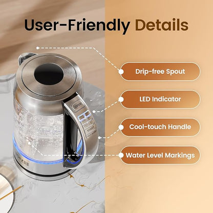 TOPZEE 1.7L Glass Electric Kettle for Coffee & Tea, Hot Water Boiler with 6 Preset Temperatures, Keep Warm and Memory Function, Auto Shut-off & Dry Boil Protection, BPA Free, Rapid Boil, 1500W, Silver