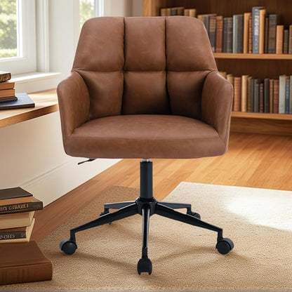 VESCASA Adjustable Home Office Desk Chair with Comfy Square Tufted Mid-Back, Faux Leather 360 Swivel Upholstered Task Armchair with Wheels for Teens Bedroom/Living Room, Brown