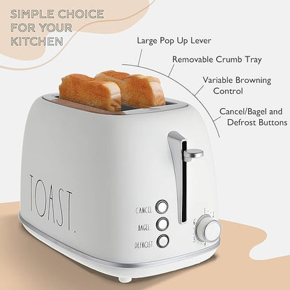 Rae Dunn Retro Rounded Bread Toaster, 2 Slice Stainless Steel Toaster with Removable Crumb Tray, Wide Slot with 6 Browning Levels, Bagel, Defrost and Cancel Options, Cream