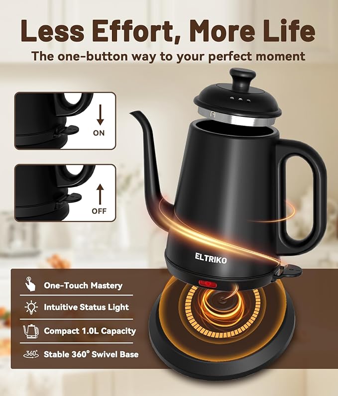 Gooseneck Electric Kettle, 1L Water Boiler, Pour Over Coffee & Tea, 1000W Fast Heating, Stainless Steel, Auto Shut-Off & Boil-Dry Protection, BPA-Free (Black)