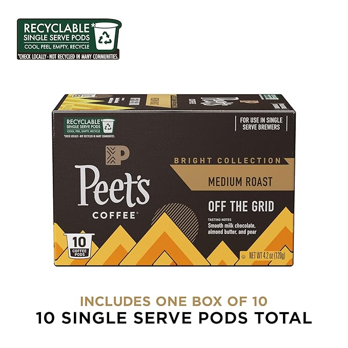 Peet's Coffee, Medium Roast Single Serve Coffee Pods - Off The Grid 10 Count (1 Box of 10 Pods)