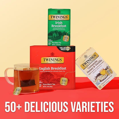 Twinings English Breakfast Black Tea Individually Wrapped Bags, 100 Count (Pack of 1), Smooth, Flavourful, and Robust, Caffeinated, Enjoy Hot or Iced, 100 Teabags