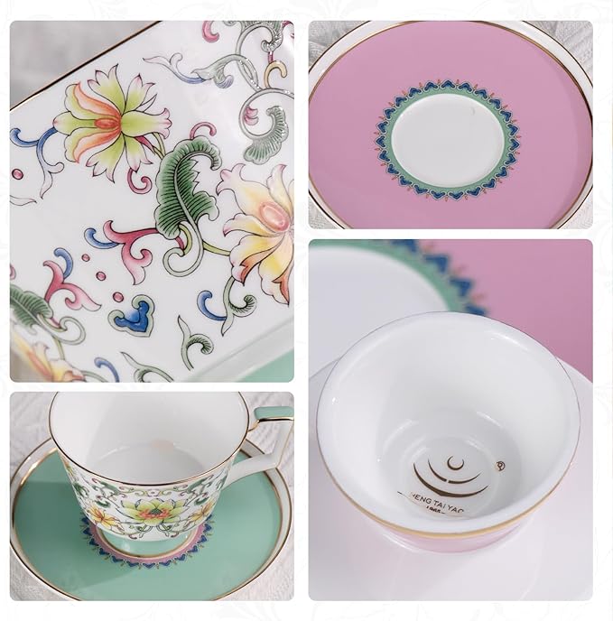 KAMMAK Ceramic Coffee Cups Saucers Set of 2, Porcelain Espresso Cups with Saucers, 8.12 oz Handcrafted Elegant Bone China Tea Cups, Lotus Floral Pattern Teacup for Party, Office, Women Gift