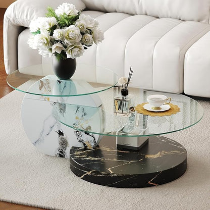 42 Inch Glass Coffee Table，Round Coffee Table with 2-Tier Tempered Glass Tabletop，Easy to Clean Circle Coffee Table with Sturdy Base for Living Room，Office (White & Black Marble Colored Base)