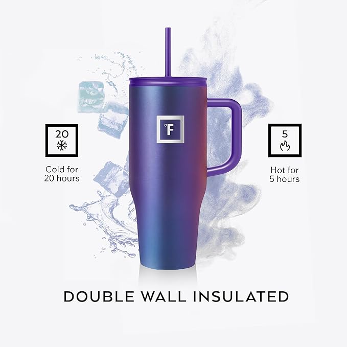 IRON °FLASK Co-Pilot Insulated Mug w/Straw & Flip Cap Lids - Cup Holder Bottle for Hot, Cold Drink - Leak-Proof - Water, Coffee Portable Travel Mug - Lavender, 32 Oz