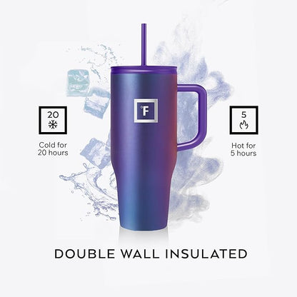 IRON °FLASK Co-Pilot Insulated Mug w/Straw & Flip Cap Lids - Cup Holder Bottle for Hot, Cold Drink - Leak-Proof - Water, Coffee Portable Travel Mug - Twilight Blue, 32 Oz