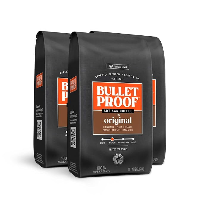 Bulletproof Original Medium Roast Whole Bean Coffee, 12 Ounces (Pack of 3), Clean Coffee Tested for Toxins, Packaging May Vary