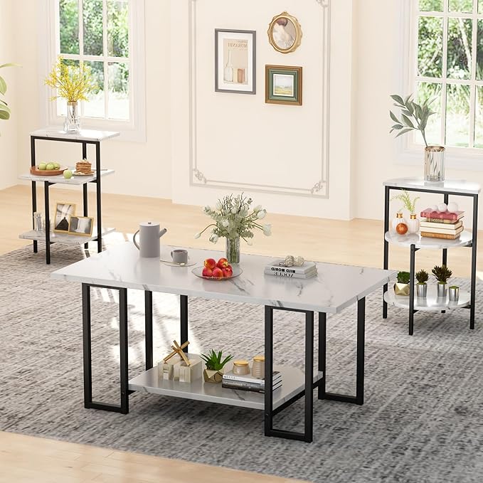 Lamerge Coffee Table Set of 3,Rectangle Coffee Table&2 Accent Table,Faux Marble Tabletop,3 Piece Living Room Table Sets with Multi Tier Storage, for Small Space, Apartment,White & Black