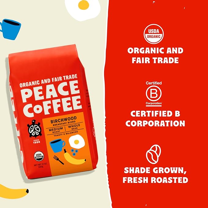 Peace Coffee Birchwood Breakfast Blend | 20 oz Whole Bean Medium Roast | Organic Fair Trade | Smooth, Mild Flavor | Shade Grown, Fresh Roasted