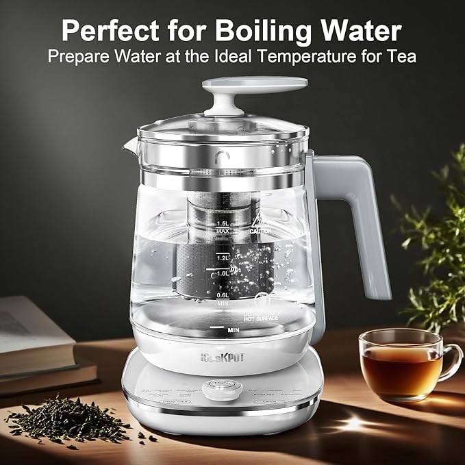 Electric Kettle, 1.5L Borosilicate Glass Hot Water Kettle Electric & Tea Kettle for Coffee or Tea, BPA Free, Auto Shut-Off, Stainless Steel, White, 1200w