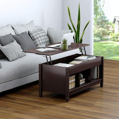 DORTALA Lift Top Coffee Table, Wood Cocktail Table w/Hidden Compartment & Lower Storage Shelves, Wood Laptop Table, Lift Tabletop Home Furniture for Living Room, Guest Room, Office, Espresso