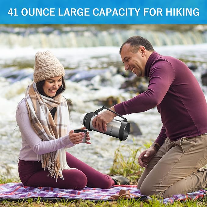 HoneyBee 41 Ounce,Vacuum Insulated Bottle,Coffee Thermos,Thermos for Hot Drinks. Twist and Pour TopThermos & Cleaning Brush. Commute, Travel, and Picnic Friendly Portable.Bpa-Free .（Silver）