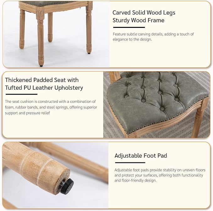 French Country Dining Chairs Set of 6, Vintage Wooden Dining Chairs with PU Leather Upholstered Tufted Seat,Solid Wood Legs&Frame, Farmhouse Kitchen&Living Room Chairs(Pine Green,6 Pcs)