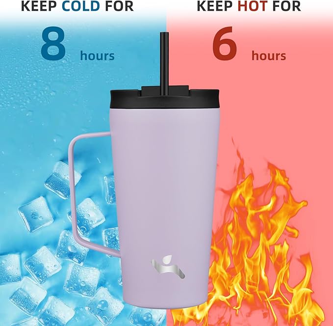 Insulated Tumbler with Handle and Straw, 18 OZ Travel Coffee Mug Stainless Steel Cup Metal Water Bottle,Taro