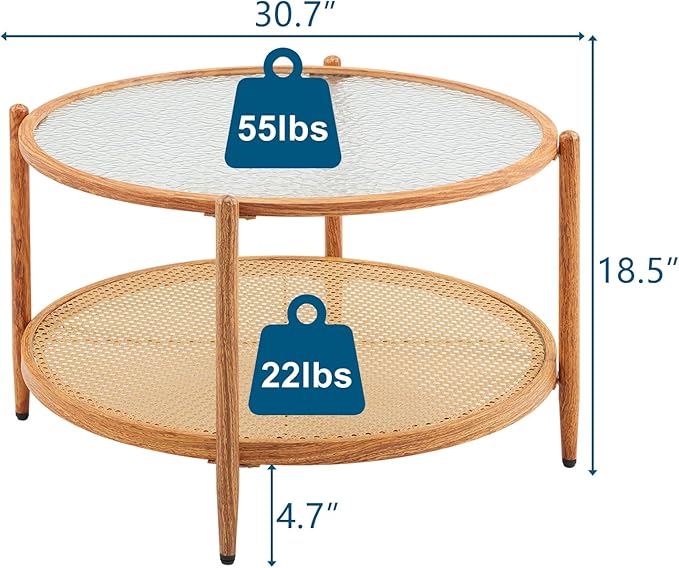 VINGLI 30" Rattan Coffee Table, Round Water-Wave Glass Metal Center Table, Modern Coffee Table with 2-Tier Storage, Farmhouse Circular Coffee Tables for Living Room and Small Space, Natural Vibe