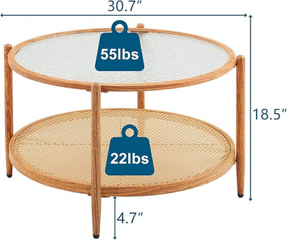 VINGLI 30" Rattan Coffee Table, Round Water-Wave Glass Metal Center Table, Modern Coffee Table with 2-Tier Storage, Farmhouse Circular Coffee Tables for Living Room and Small Space, Natural Vibe