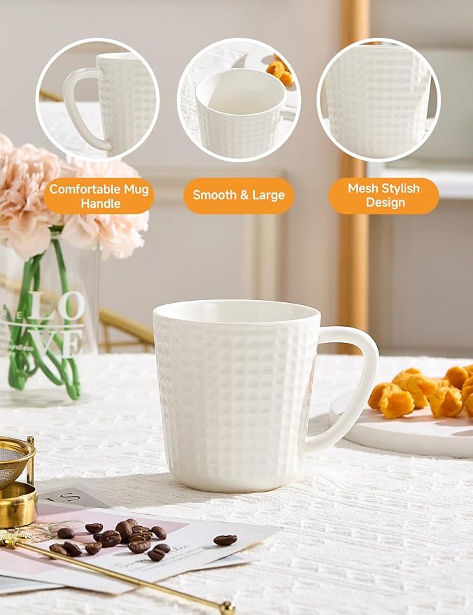 Ceramic Coffee Mugs 15 oz, Large Waffle Embossed Mug Set, Coffee Cups for Latte, Cappuccino, Cocoa, Tea, Mocha, Milk, Housewarming Wedding Present,Microwave & Dishwasher Safe - Set of 4 (White)