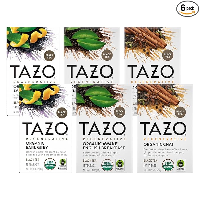 TAZO Tea Bags, Regenerative Organic: Chai Black Tea, Awake English Breakfast Black Tea, & Earl Grey Tea 16 CT (2ea) (Variety Pack)