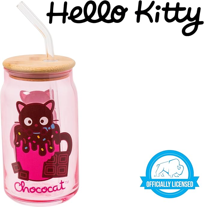 Silver Buffalo Sanrio Hello Kitty & Friends Chococat Chocolate Pink Glass Jar Tumbler with Bamboo Lid and Glass Straw, 16 Ounces