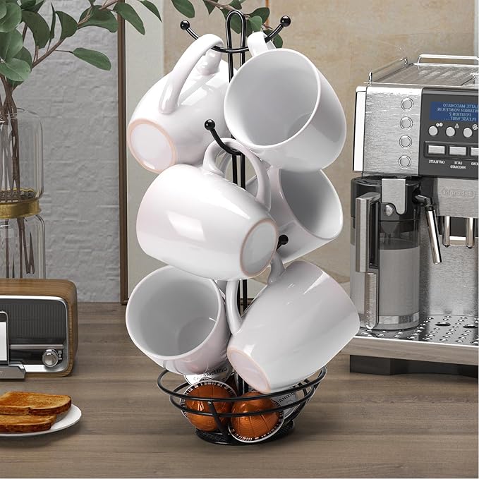 Schliersee 16 OZ White Porcelain Coffee Mugs Set of 6, Large Coffee Cups with Handle for Latte, Hot Tea, Coffee, Cappuccino, Cocoa, Milk, Water, espresso Porcelain Mug Cups, Microwave Safe