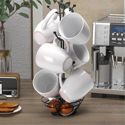 Schliersee 16 OZ White Porcelain Coffee Mugs Set of 6, Large Coffee Cups with Handle for Latte, Hot Tea, Coffee, Cappuccino, Cocoa, Milk, Water, espresso Porcelain Mug Cups, Microwave Safe