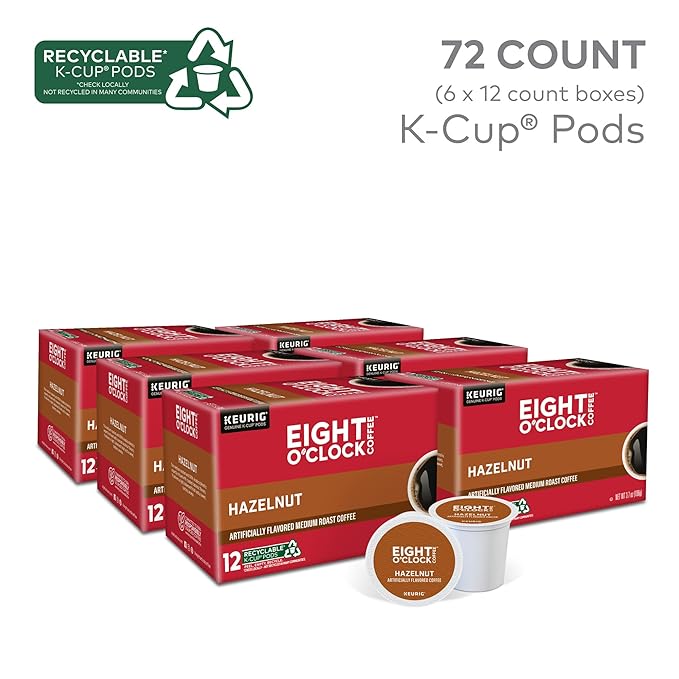 Eight O'Clock Coffee Hazelnut, Keurig Single Serve K-Cup Pods, Medium Roast, 72 Count (Pack of 1)