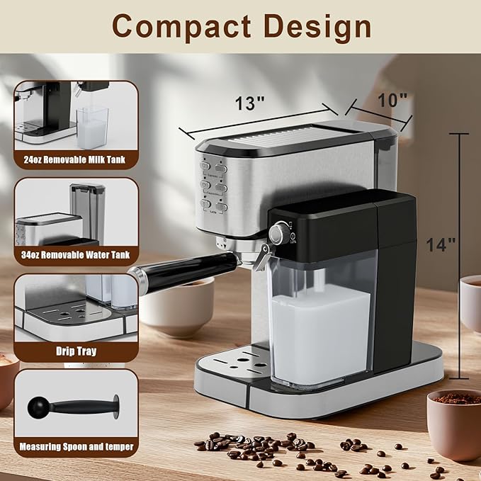 Espresso Machine 20 Bar, Coffee Maker with Automatic Milk Frother, 6-in-1 One-Touch Small/Large Shot, Espresso Maker for Cappuccino/Latte, Compact for Home and Office, Stainless Steel