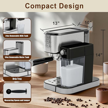 Espresso Machine 20 Bar, Coffee Maker with Automatic Milk Frother, 6-in-1 One-Touch Small/Large Shot, Espresso Maker for Cappuccino/Latte, Compact for Home and Office, Stainless Steel