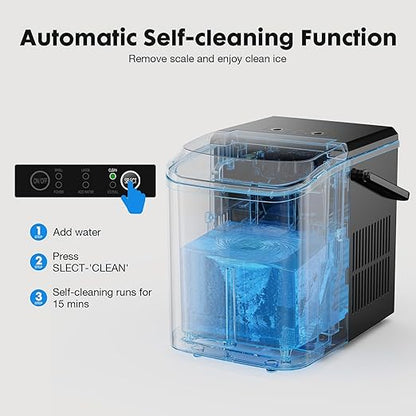 Sweetcrispy Countertop Ice Maker Machine, Portable Self-Cleaning Ice Machine with Ice Scoop, Basket and Handle, 9 Cubes in 6 Mins, 26.5lbs/24Hrs, 2 Sizes of Bullet Ice for Home Kitchen, Coal Black