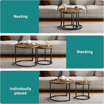 Smuxee Nesting Coffee Table Set of 2, 23.6" Round Coffee Table Rustic Wood Top with Adjustable Non-Slip Feet, Industrial End Table Side Tables for Living Room Bedroom Balcony Yard
