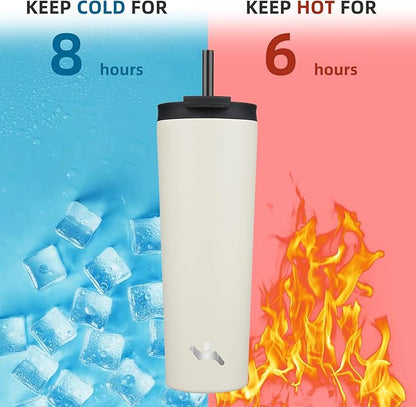 30 OZ Insulated Tumbler with Lid and 2 Straws Stainless Steel Water Bottle Vacuum Travel Mug Coffee Cup,Angel White