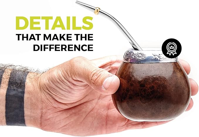 BALIBETOV Yerba Mate Gourd Set (Original Natural Handmade Yerba Mate Cup Argentina) - Includes Mate Tea Cup, Bombilla (Mate Straw) and Clean Brush - Classic Mate Cup and Bombilla (Dark Brown)