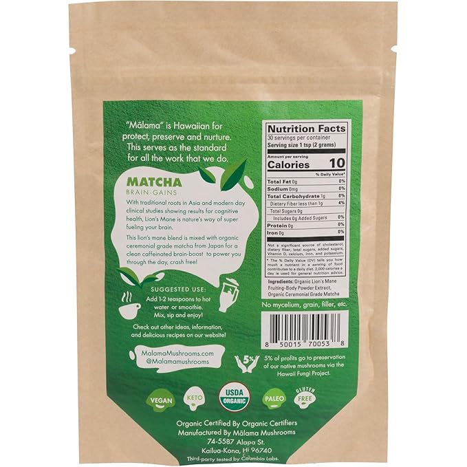 Malama Ceremonial Grade Matcha Powder - Premium Japanese Matcha Green Tea Powder with Organic Lion’s Mane Extract - Organic, Gluten-Free, Vegan, & Unsweetened (2.1 oz) for Energy & Focus