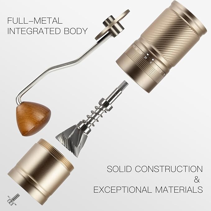 Manual Coffee Grinder with Numerical External Adjustable Setting, Capacity 30g with CNC Stainless Steel Conical Burr (gold)