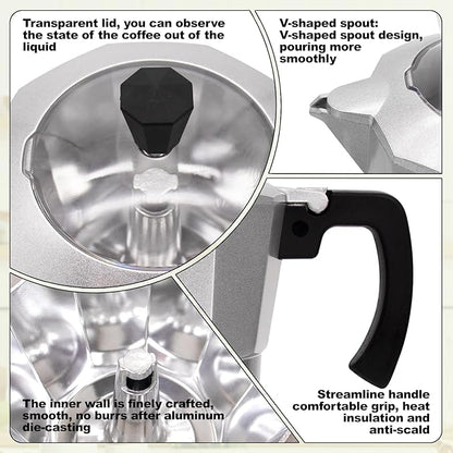 Electric Aluminum Moka Pot 5-6 Cup 270ml Espresso Maker with Detachable Base Ideal Coffee Makers for Home MochaPot Italian and Cuban Café Coffeemaker Espressomaker CoffeePot Silver