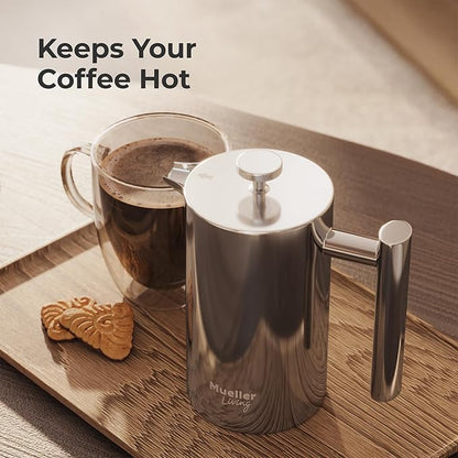MuellerLiving French Press Coffee Maker 20oz, Stainless Steel French Press Coffee, 4 Filter Heat Resistant Double Insulated, Rust-Free, Food Grade, Dishwasher Safe Coffee Pot
