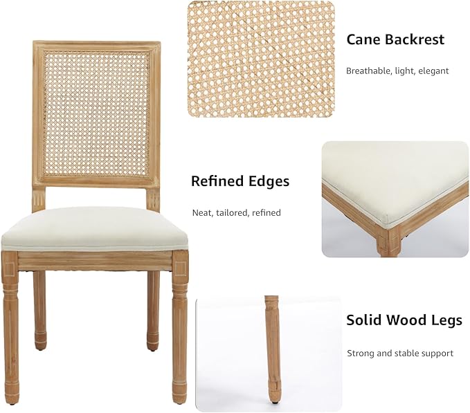 French Country Dining Chairs Set of 2, Beige Modern Kitchen & Dining Room Chairs, Rattan Dining Chair with Linen Upholstered Cushion, High Cane Back, Wood Legs, Sillas de Comedor (Beige, 2 Pcs)