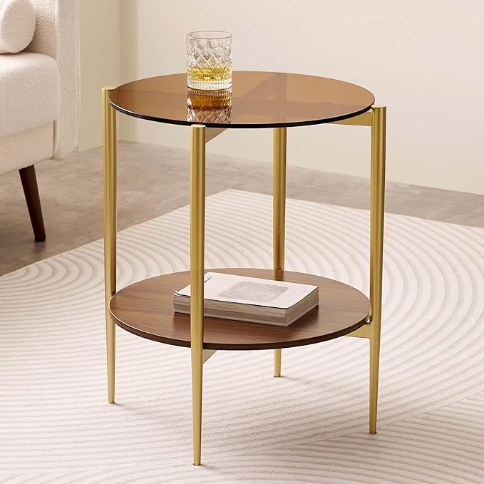 Round Glass End Table, Mid-Century Modern Design Sofa Table for Living Room, D18 x H23, 2-Tier Structure, Amber Glass Top and Walnut Shelf, Sleek Conical Legs with Gold Finish Frame
