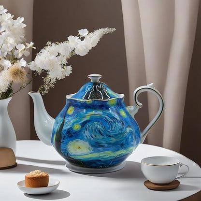 Teapot 30 oz Van Gogh Paintings Bone China Loose Tea Pot Floral Design Vintage Ceramic Coffee Water Pot European Style Porcelain (Starry Sky)