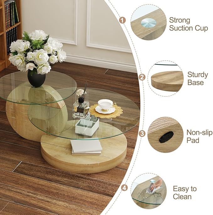 42 Inch Glass Coffee Table，Round Coffee Table with 2-Tier Tempered Glass Tabletop，Easy to Clean Circle Coffee Table with Sturdy Base for Living Room，Office (Natural Wood-Colored Base)