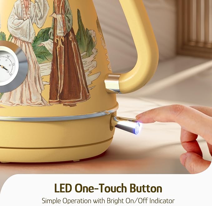 Hazel Quinn Retro Electric Kettle - 1.7 Liters / 57.5 Ounces Tea Kettle with Thermometer, All Stainless Steel, 1200 Watts Fast Boiling, BPA-free, Cordless, Automatic Shut Off - Finery