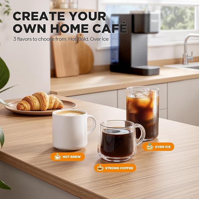 Single Serve Coffee Maker, Iced and Hot Coffee Machine for K Cup & Grounds, Compact Design, 40oz Removable Water Reservoir, 6 to 24 Oz Brew Sizes, Fits 7.3" Travel Mug, Black