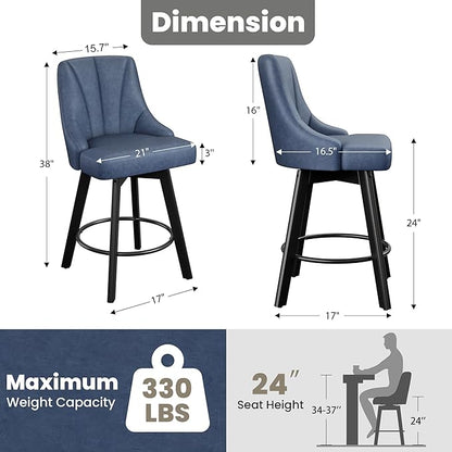 Swivel Bar Stools with Backs, 24" Counter Height Bar Stools Set of 8, Fabric Upholstered Counter Barstools with Solid Wood Legs for Kitchen Island, Home Bar, Blue