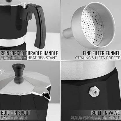 Zulay Moka Pot Espresso Stovetop Coffee Maker - Leak-Proof, Stainless Steel, Easy to Clean, Heat Resistant Handle & Knob - for Authentic Cuban & Italian Style Espresso - Makes 6 Espresso Cups - Black